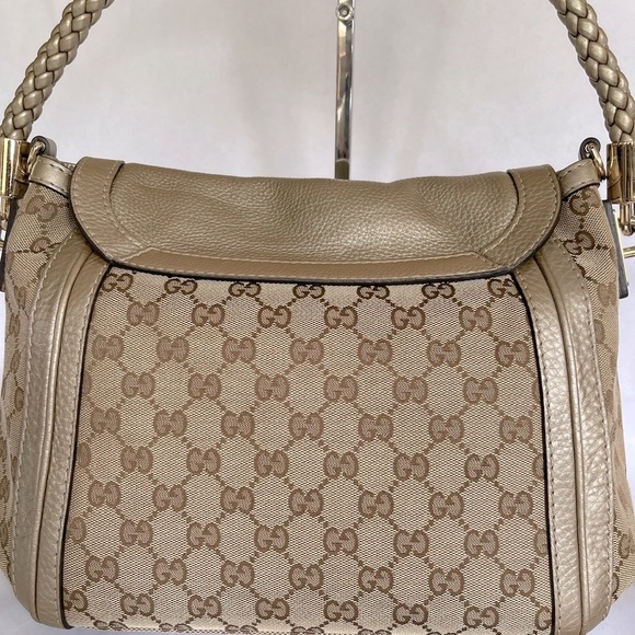 Gucci Bella Flap 2-Way Satchel GG Canvas Gold Leather - Picture 3 of 16